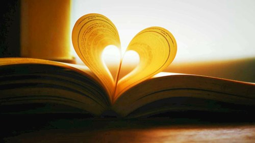 A photograph of an open book on a table with two pages folded over to make a heart shape, the whole image is bathed in Golden Hour warm yellow sunlight